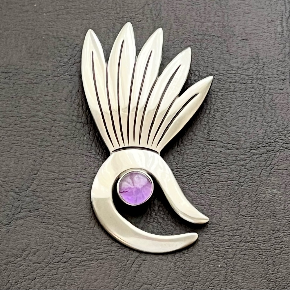 Vintage Mexican sterling silver amethyst brooch pin - Picture 6 of 10